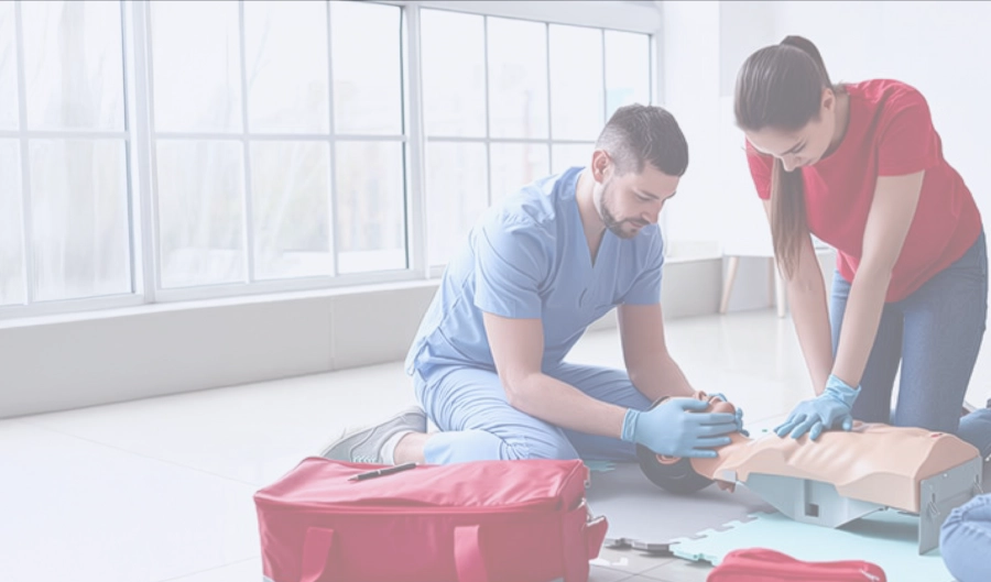 Care professionals practising first aid in training